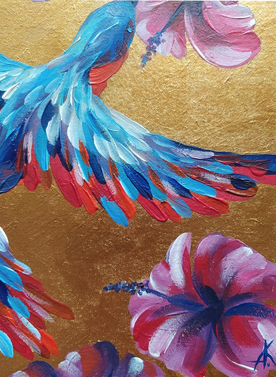 Freedom - acrylic, flowers, painting, acrylic painting, birds, bird acrylic, hibiscus, flowers and bird