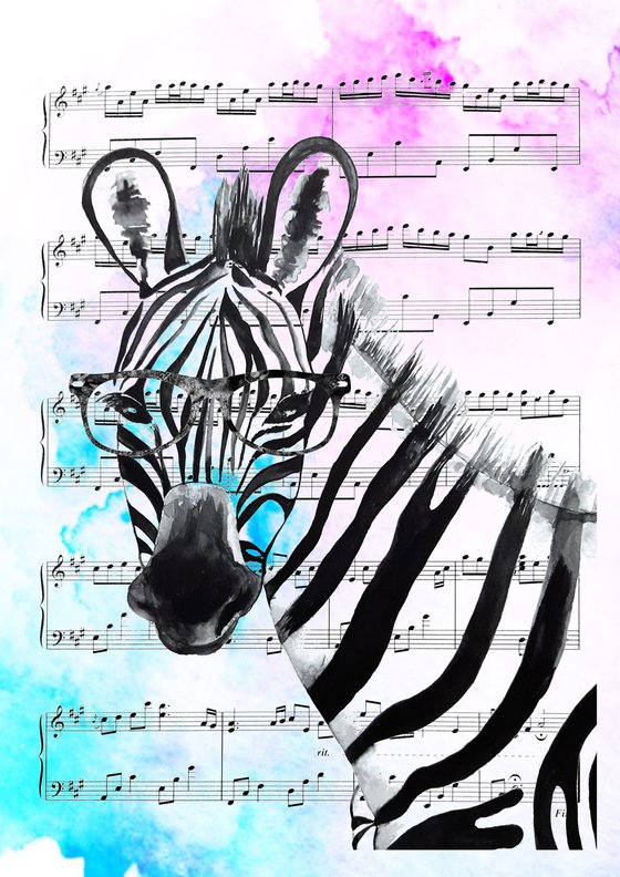 Zebra, watercolor on sheet music