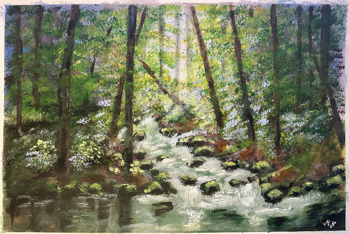 Impressionistic Landscape Acrylic Painting By Misty Lady - M. Nierobisz, 19 X 13", The Forest Stream, Original Artwork