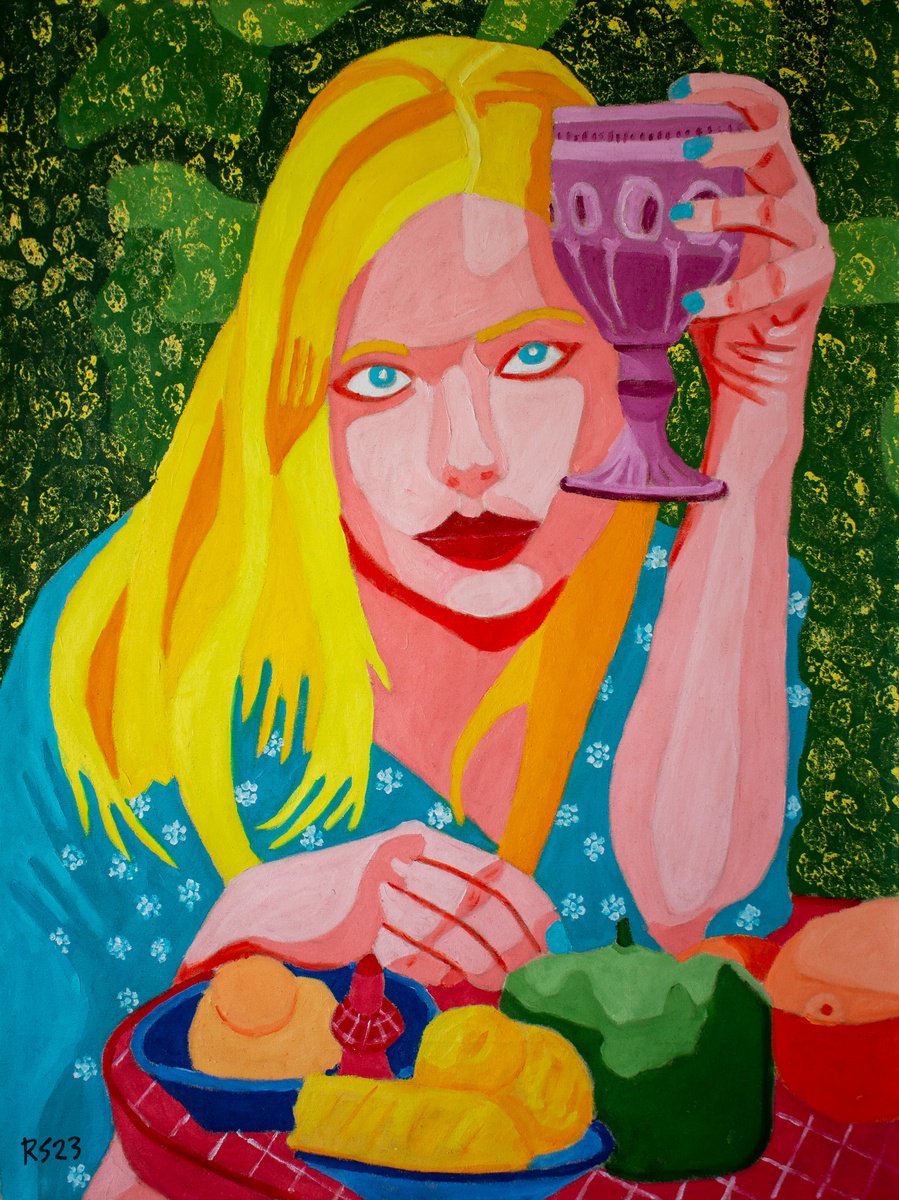 Expressive Portrait Oil Painting By Randall Steinke, 40 X 30", Woman And Wine, Original Artwork