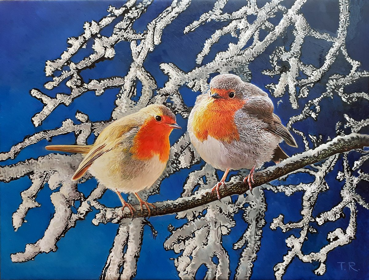 Impressionistic Animal Oil Painting By Tatiana Rezvaya, 31 X 24", Robins, Original Artwork