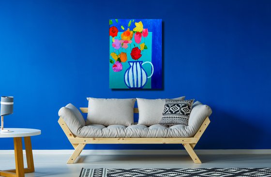 Flowers in a Striped Jug