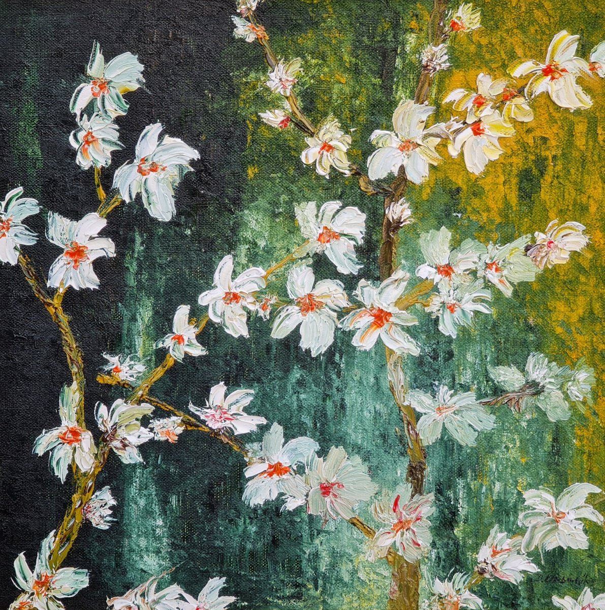 Abstract Landscape Oil Painting By Daniel Urbani?k, 12 X 12, Cherries In Bloom, Original Artwork