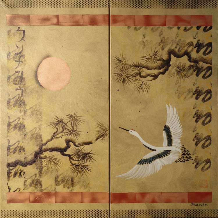 Japanese Crane Sun Japan Hieroglyph Gold Origina Artfinder