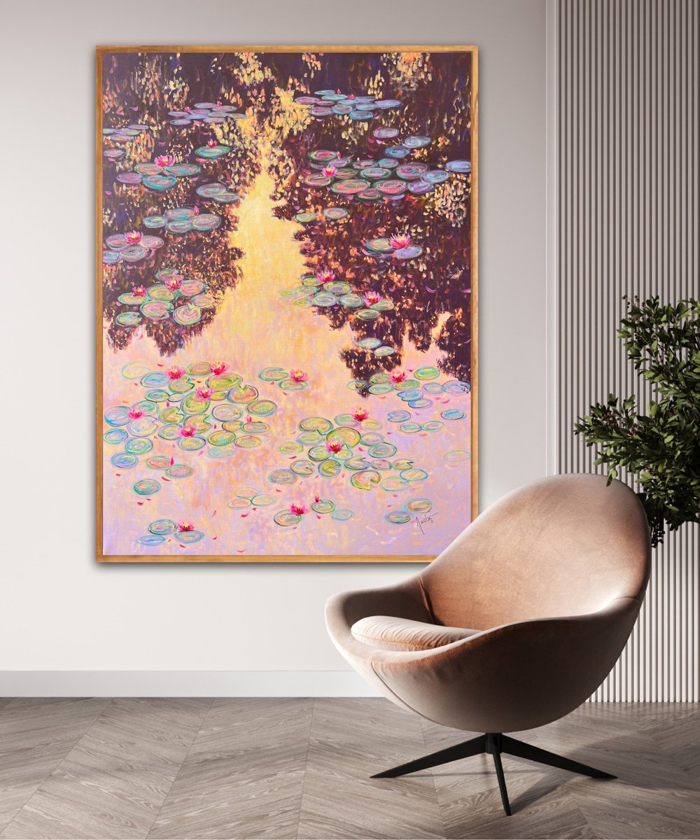 Impressionistic Landscape Acrylic Painting By Amita Dand, 36 X 48, Twilight Blooms, Original Artwork