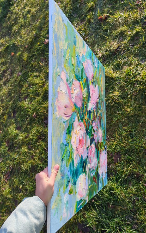 Peonies on blue . 60x70cm. Flowers a la prima . Original oil painting