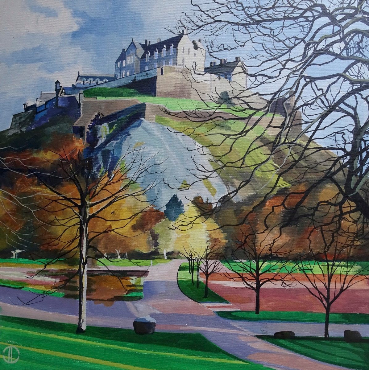 Impressionistic Landscape Acrylic Painting By Joseph Lynch, 20 X 20, Edinburgh Castle Spring, Original Artwork