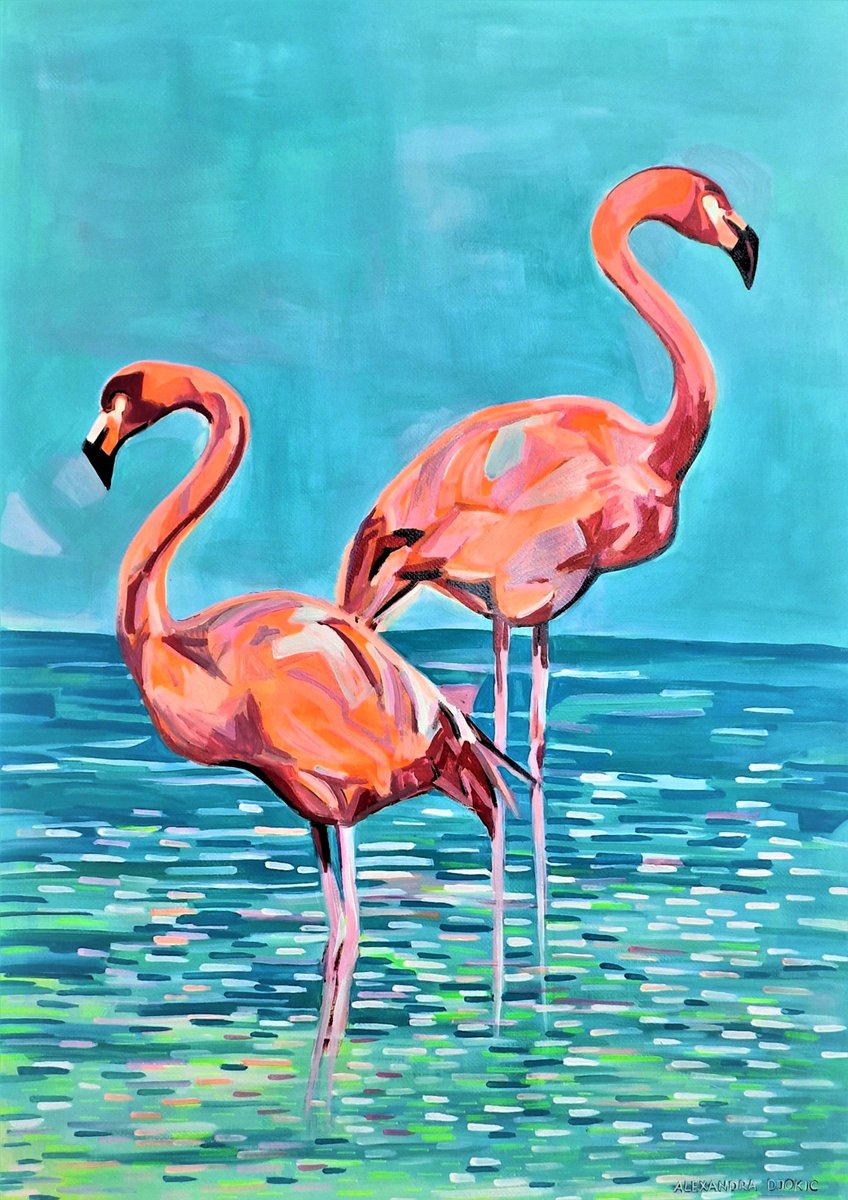 Impressionistic Animal Acrylic Painting By Alexandra Djokic, 28 X 40, Flamingos, Original Artwork