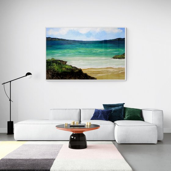 Seascape panorama warm bay. EXTRA LARGE OIL PAINTING