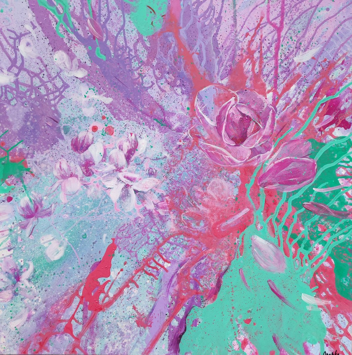 Surrealistic Abstract Acrylic Painting By Olga Onopko, 39 X 39", Magnolia In The Enchanted Forest, Original Artwork