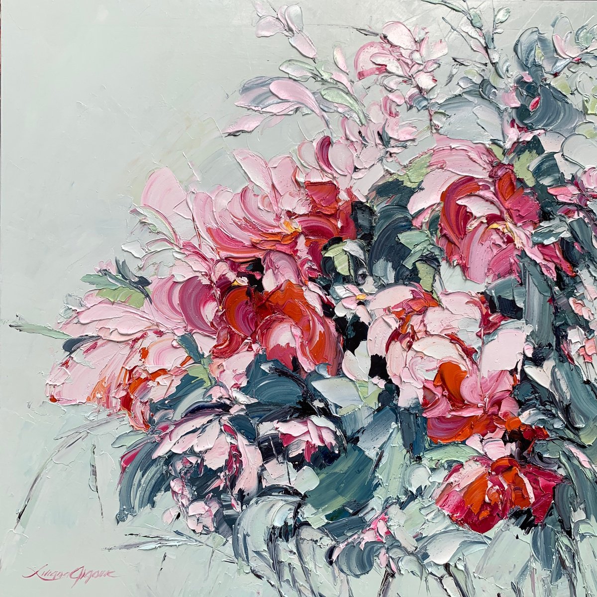 Impressionistic Botanical Oil Painting By Liliana Gigovic, 40 X 40", Pink Magnolia, Original Artwork