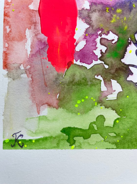 Abstract Watercolor Painting, Colorful Original Mixed Media Artwork, Boho Wall Decor, Small Green and Red Art