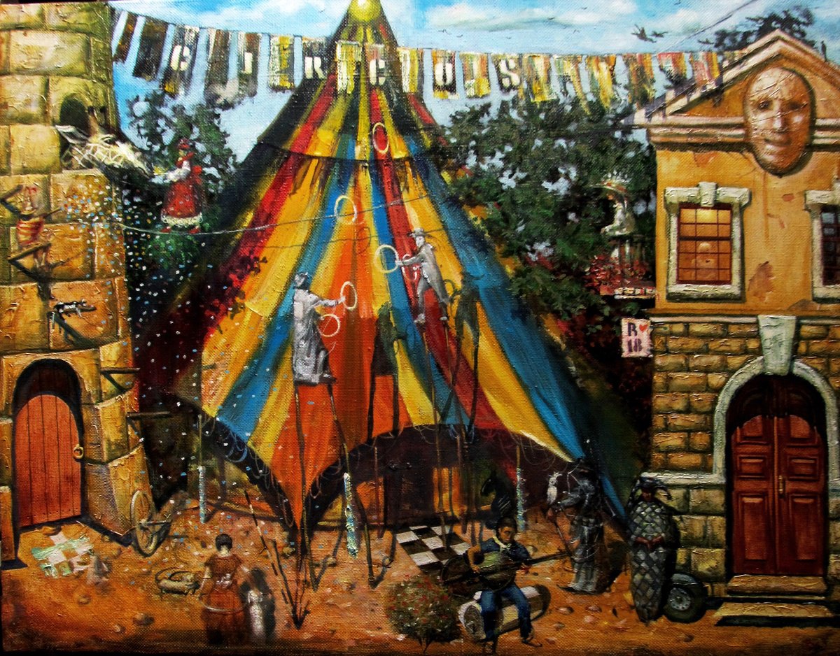 Surrealistic Cityscapes Oil Painting By Serhiy Roy, 31 X 24", Circus City., Original Artwork