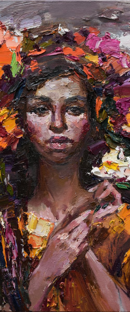 Woman with flowers - Original oil female portrait painting by Anastasiia Valiulina