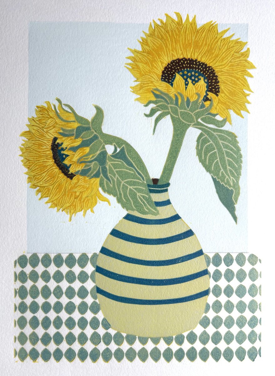 Illustrative Botanical Linocut By Nathalie Pymm Art, 8 X 12", Sunny Duet, Original Artwork