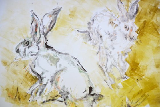 Two Hares Monoprint, 2/3