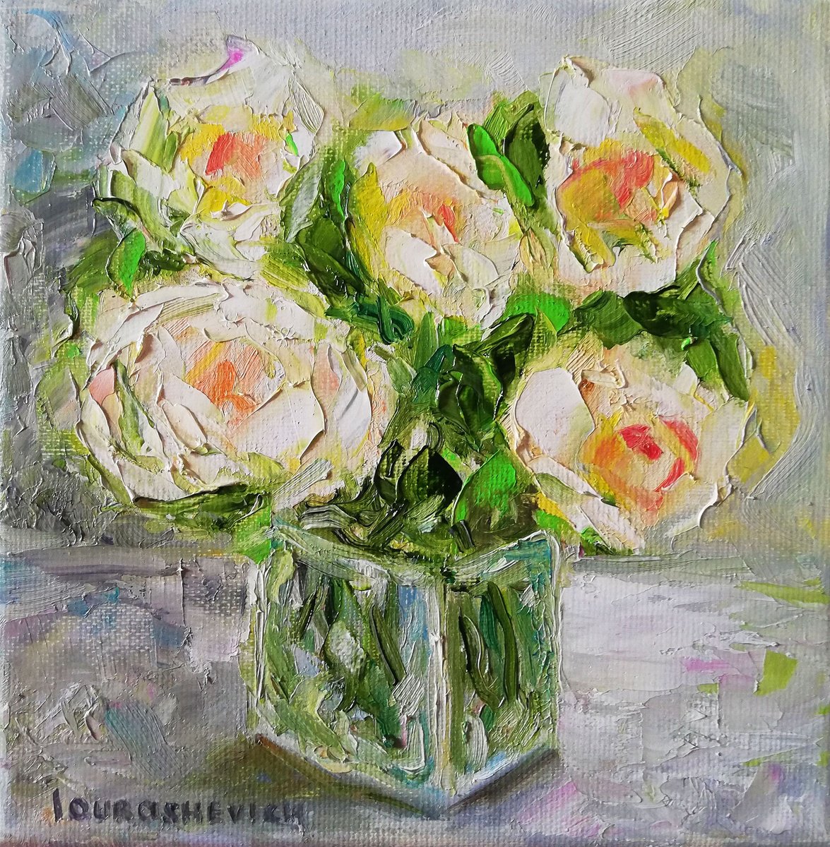Impressionistic Botanical Oil Painting By Katia Ricci, 8 X 8", White Roses In Vase, Original Artwork