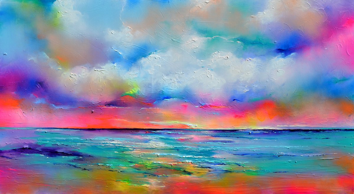 Impressionistic Landscape Acrylic Painting By Soos Roxana Gabriela, 71 X 39", New Horizon 180 - Serene Sky, Original Artwork