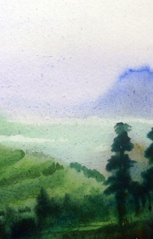 Morning Himalaya Landscape - Watercolor on paper by Samiran Sarkar