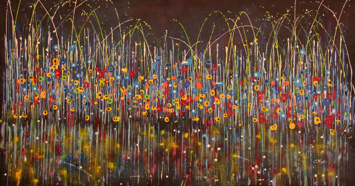 Organic Botanical Acrylic Painting By Cecilia Frigati, 57 X 31, Technicolor Dream #30, Original Artwork