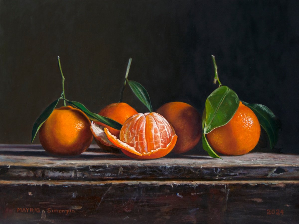 Photorealistic Still Life Oil Painting By Mayrig Simonjan, 16 X 12", Five Mandarins, Original Artwork
