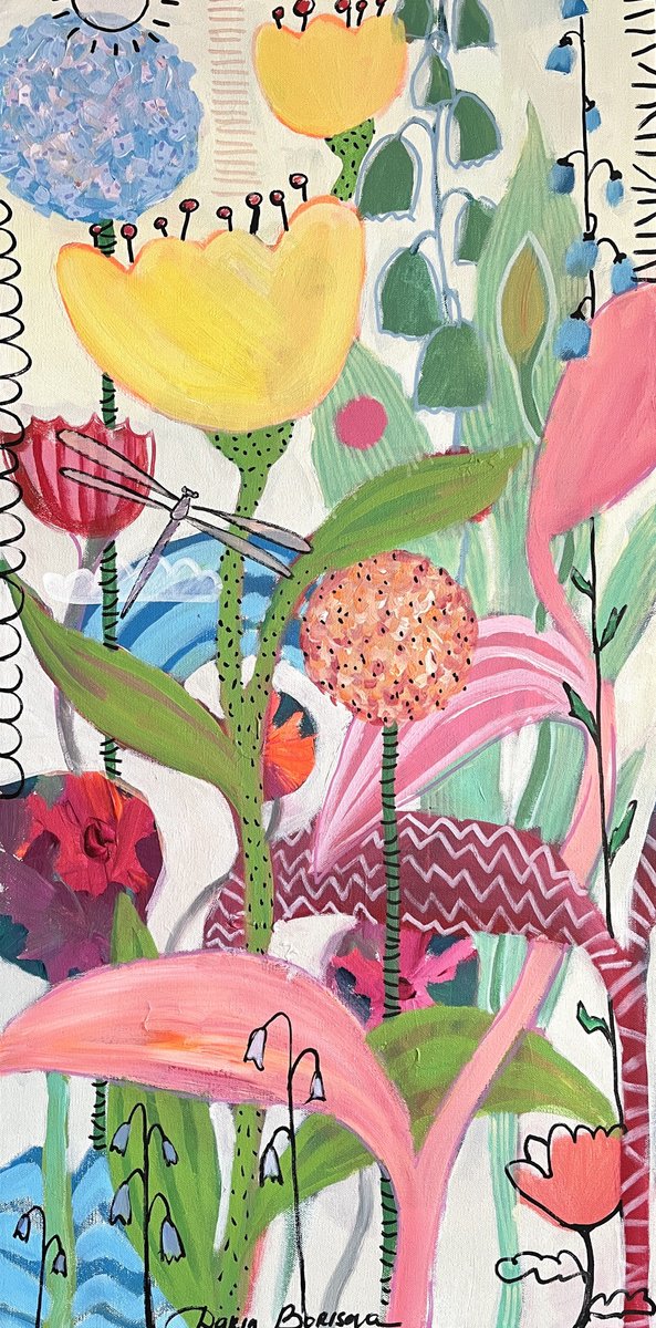 Expressive Botanical Acrylic Painting By Daria Borisova, 18 X 36, - Summer Morning - ?, Original Artwork