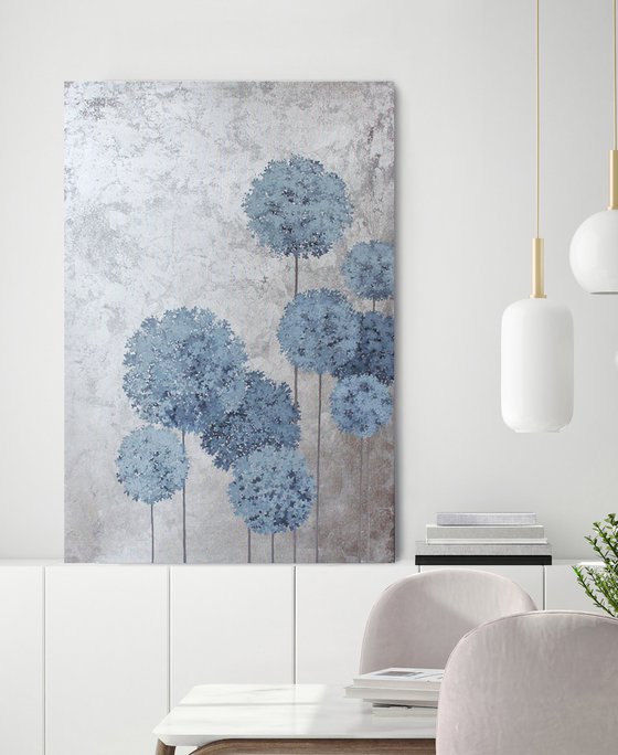 "Flower Balls" Blue silver flowers abstract