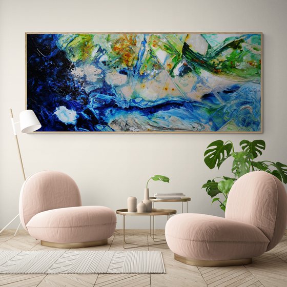 The Natural 240cm x 100cm Green Blue Cream Textured Abstract Art