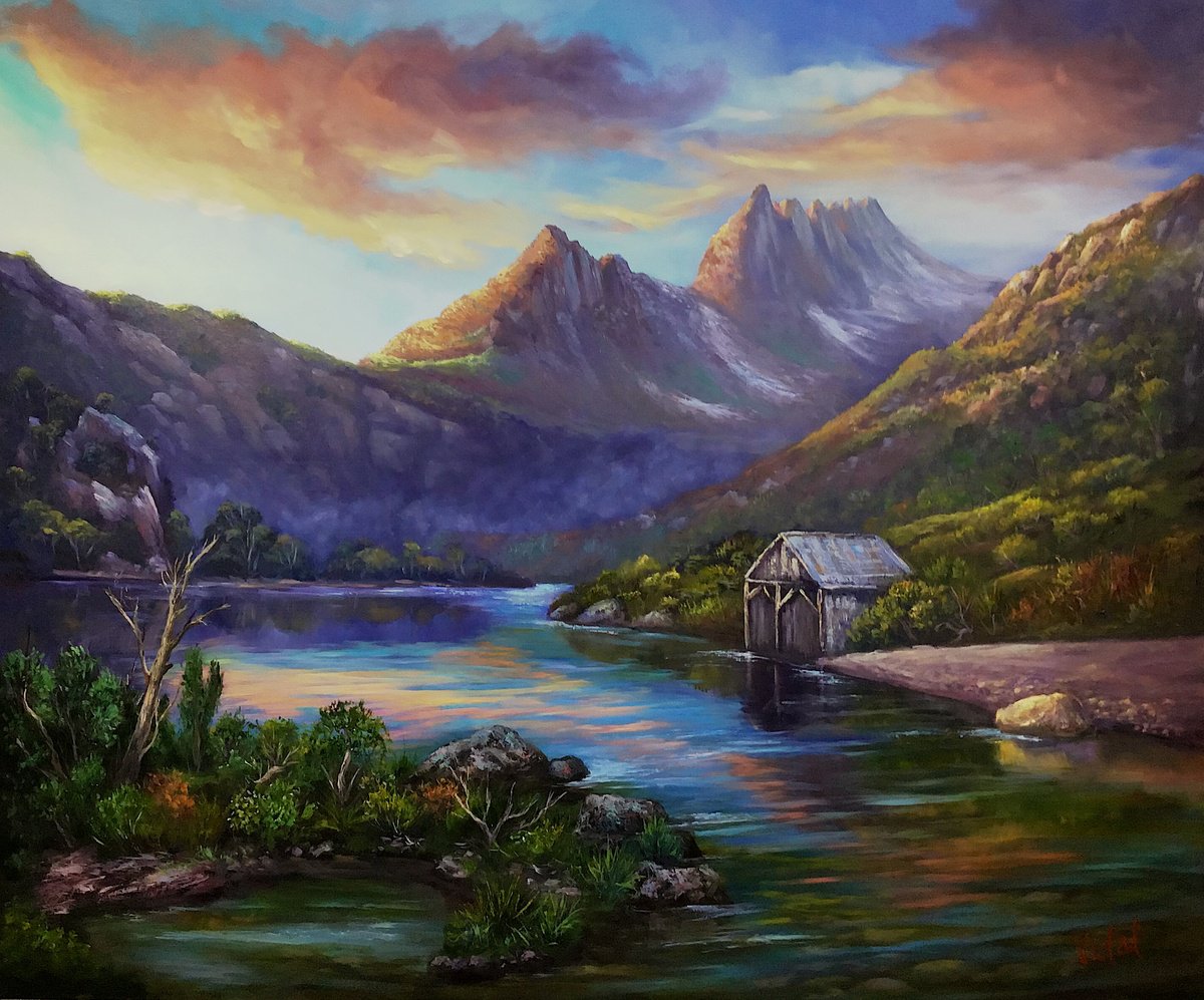 Impressionistic Landscape Oil Painting By Christopher Vidal, 48 X 40, First Light Cradle Mountain, Original Artwork