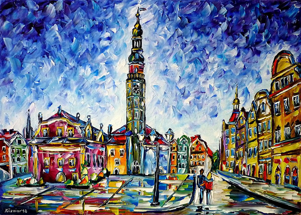 Expressive Cityscapes Oil Painting By Mirek Kuzniar, 28 X 20", Boleslawiec, Original Artwork