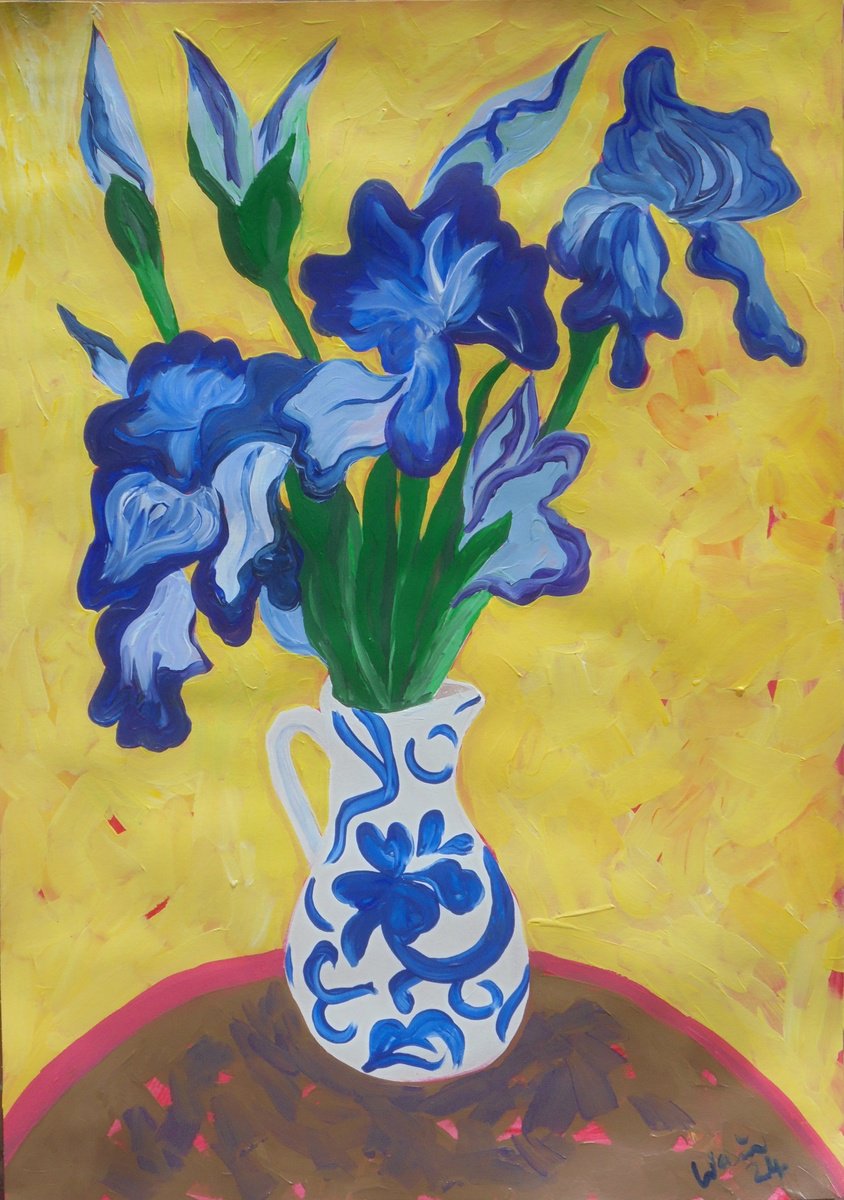 Expressive Botanical Acrylic Painting By Kirsty Wain, 17 X 23", Irises In Chinese Vase 2, Original Artwork