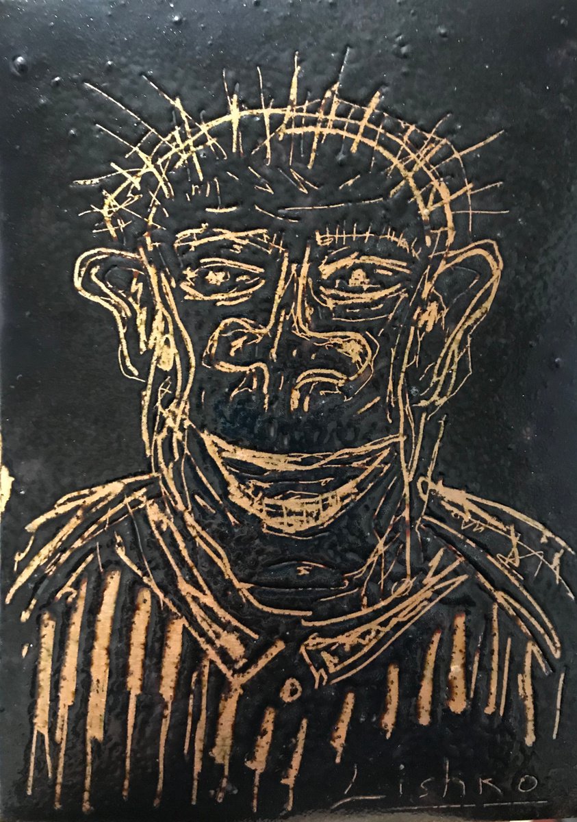 Expressive Portrait Painting By V. Lishko, 6 X 8", Portrait (Hot Enamel On Copper), Original Artwork