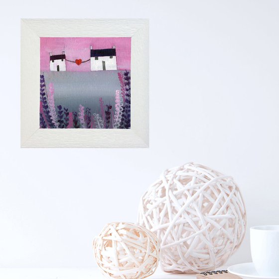 Original Small Art Cottages - Whimsical Love in pink, purple and grey