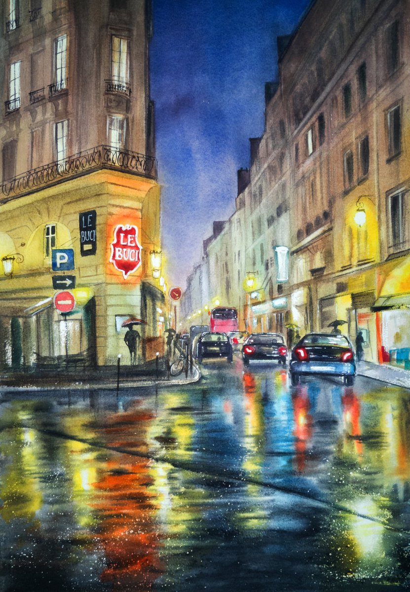 Rainy Night in Paris - France - rainy paris - city lights by Olga Beliaeva Watercolour