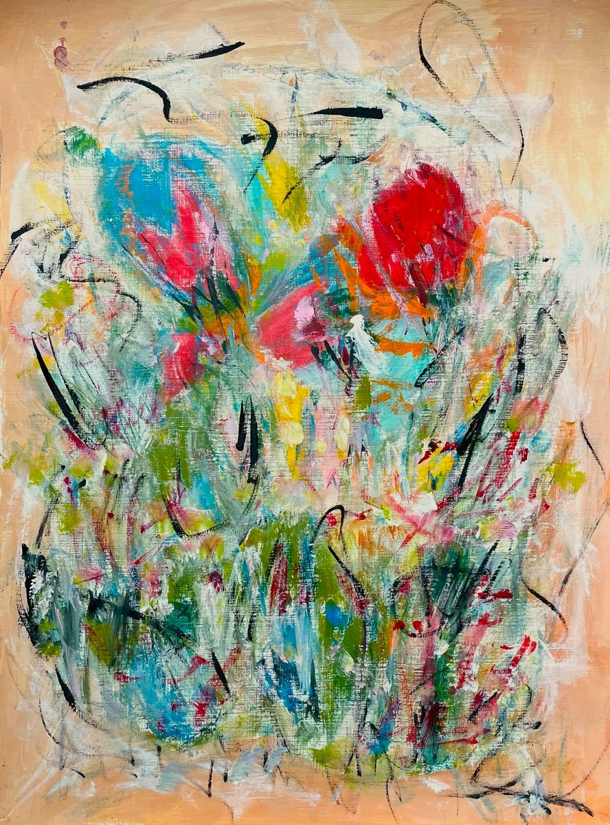Expressive Abstract Acrylic Painting By Christel Haag, 14 X 19, Summer Floral 1, Original Artwork