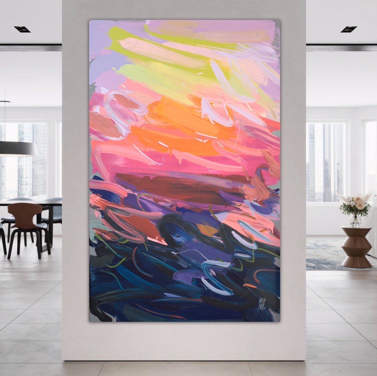 Impressionistic Landscape Acrylic Painting By Mila Weis, 39 X 63", Hot Evening, Original Artwork