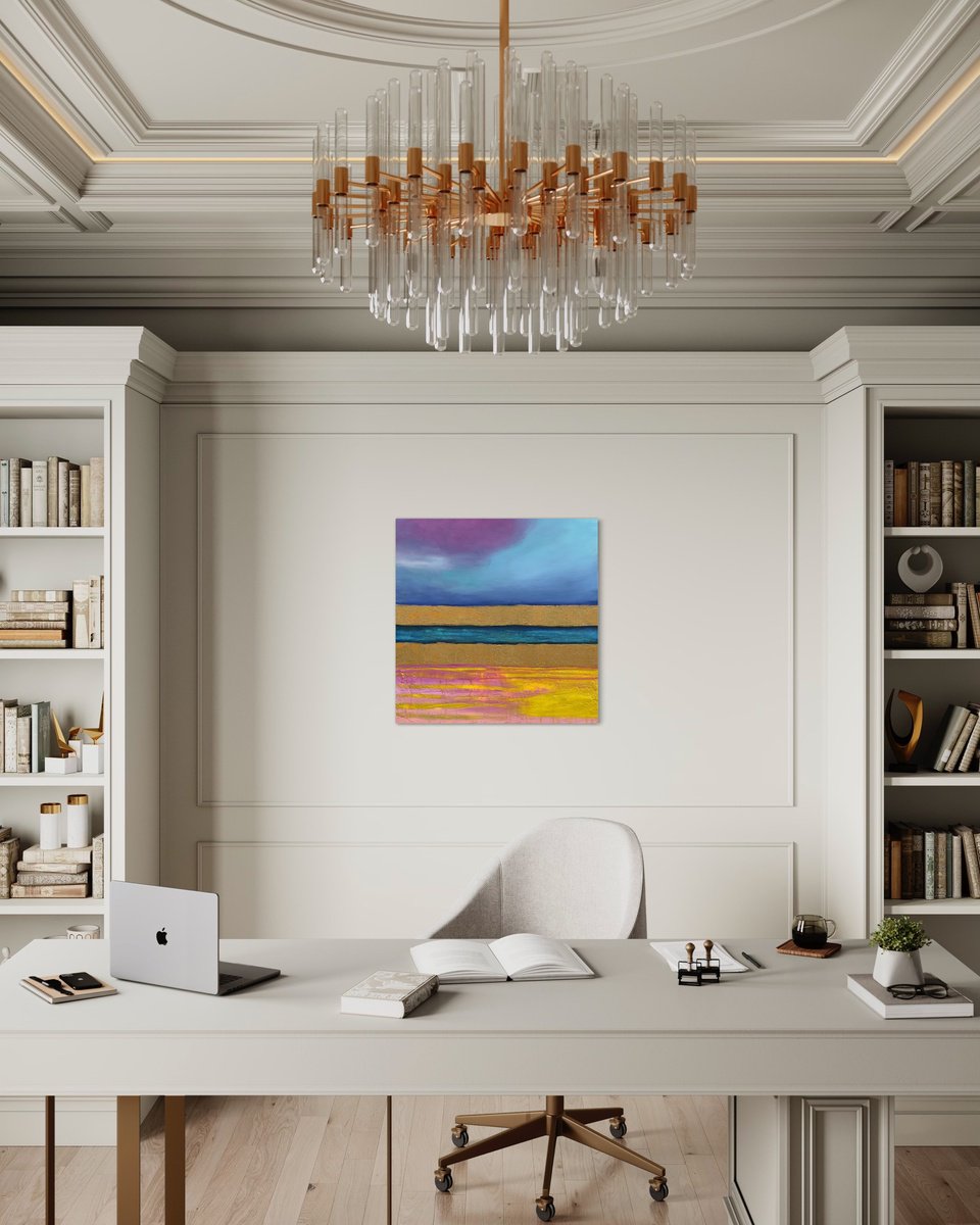 Abstract Landscape Acrylic Painting By Km Arts, 30 X 30", Bridlington Shoreline, Original Artwork