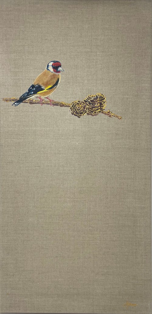Goldfinch with Golden Pinecones by Hannah  Bruce
