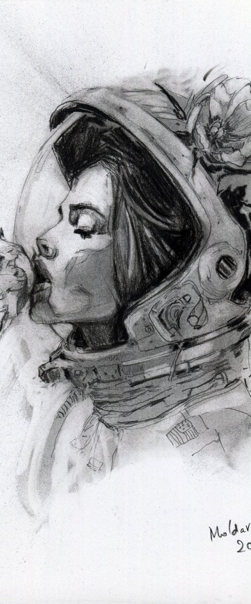 Astronaut with peonies 4 by Alexander Moldavanov