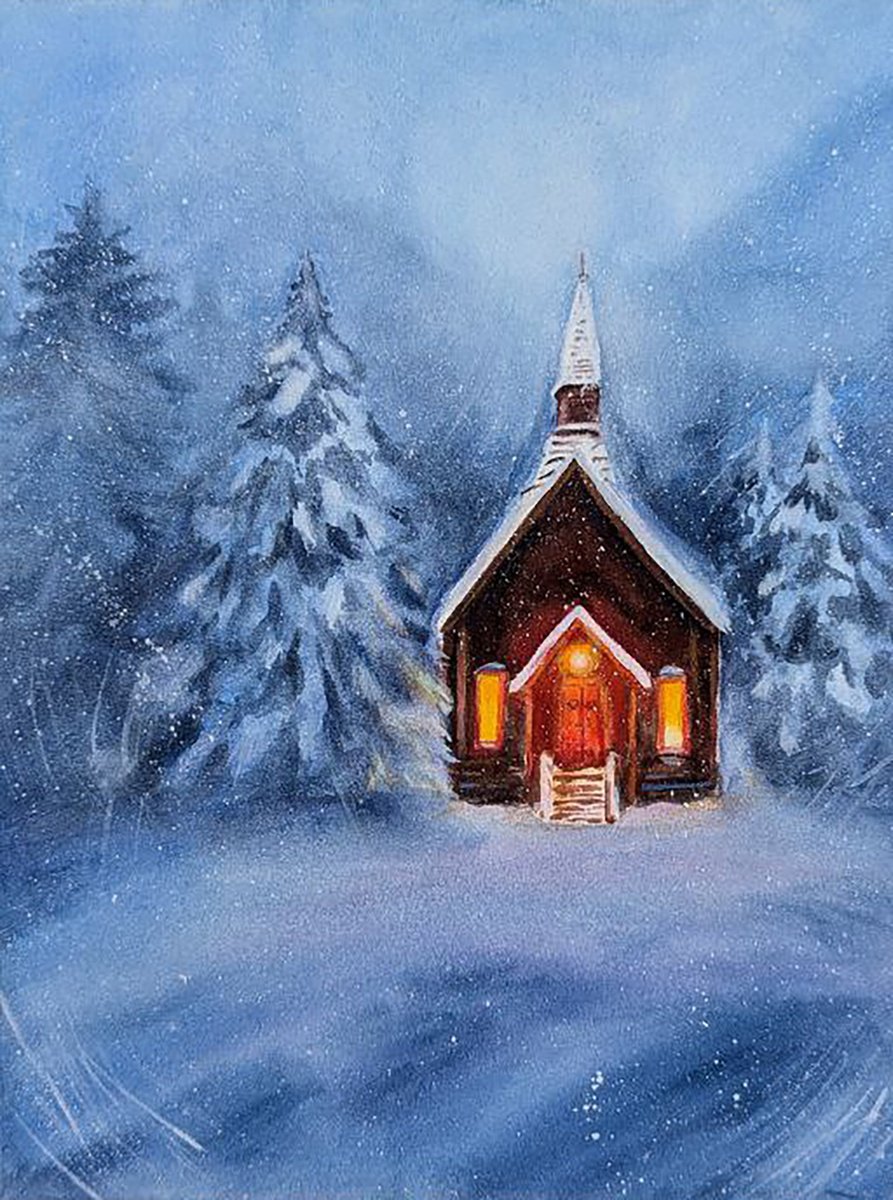 Impressionistic Landscape Watercolour By Maryna Boiko, 9 X 12", Chapel In The Snowfall, Original Artwork