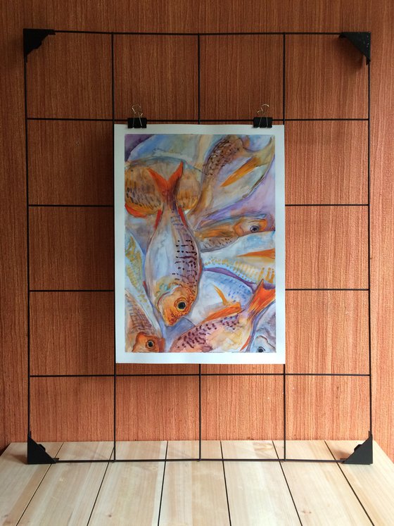 Fishes watercolor painting - Animal wall art - Gift idea for him