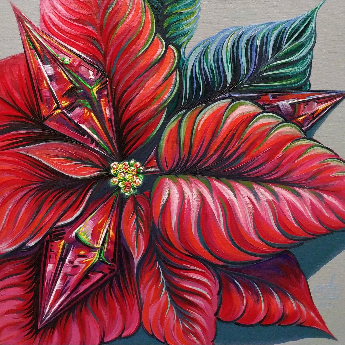Abstract Botanical Oil Painting By Anna Shabalova, 12 X 12, The Mystery Of The Christmas Star., Original Artwork