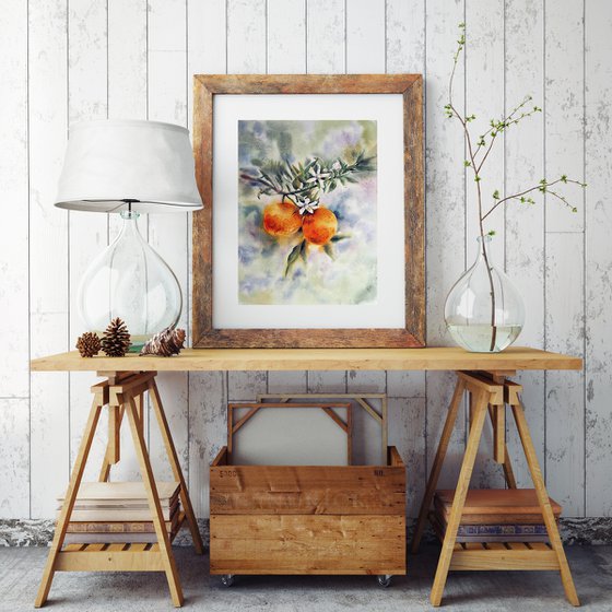 Tangerine tree - original watercolor painting - sunny orange and green color - Gifts for him - Gift for her