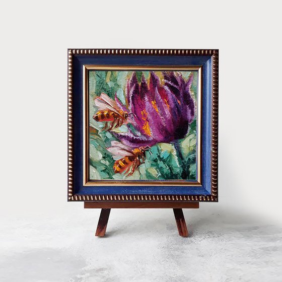 Bee oil painting original flower on canvas, Bee artwork small framed art, Anniversary gift mini painting 4x4