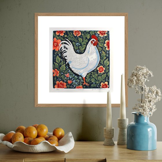 Hen – reduction linocut print