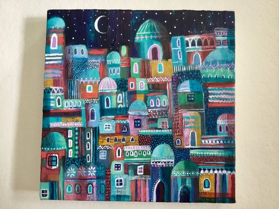 Mosaic City, Original acrylic canvas painting 25.5x25.5cm