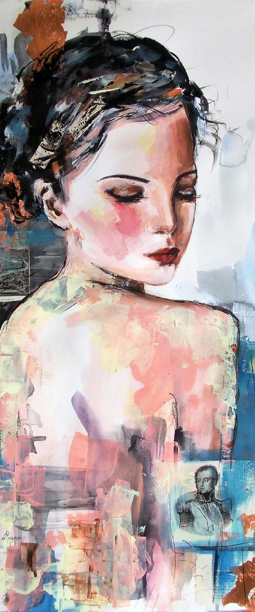 Hearing a Dream -\Woman Portait Acrylic Mixed Media  Painting on Paper by Antigoni Tziora