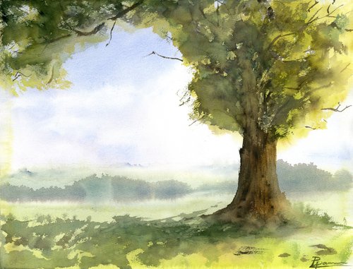 Tree Landscape - Original Watercolor by Olga Shefranov (Tchefranov)