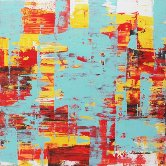 XL Abstract Painting - Static in Red & Turquoise - 120x120 cm - Ronald Hunter - 13J