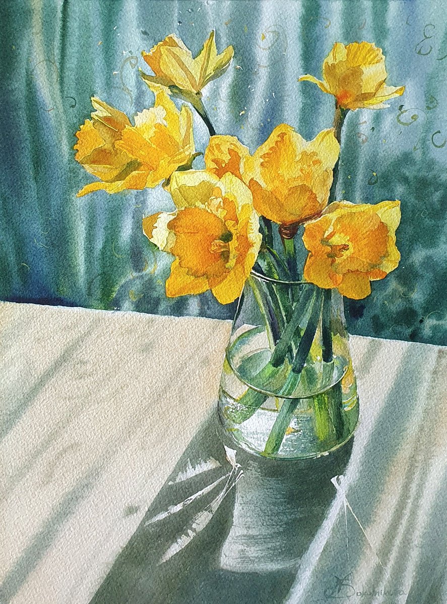 Watercolor yellow daffodils by Natasha Sokolnikova